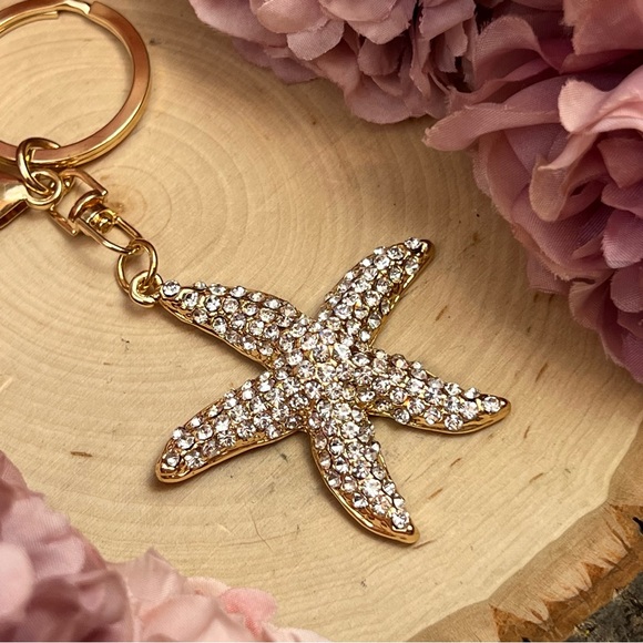 Gold and Silver Crystal Starfish Keychain Charm - Picture 9 of 13